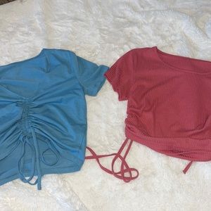 TWO SHIEN TIE TOPS BOTH SIZE SMALL BLUE AND PINK